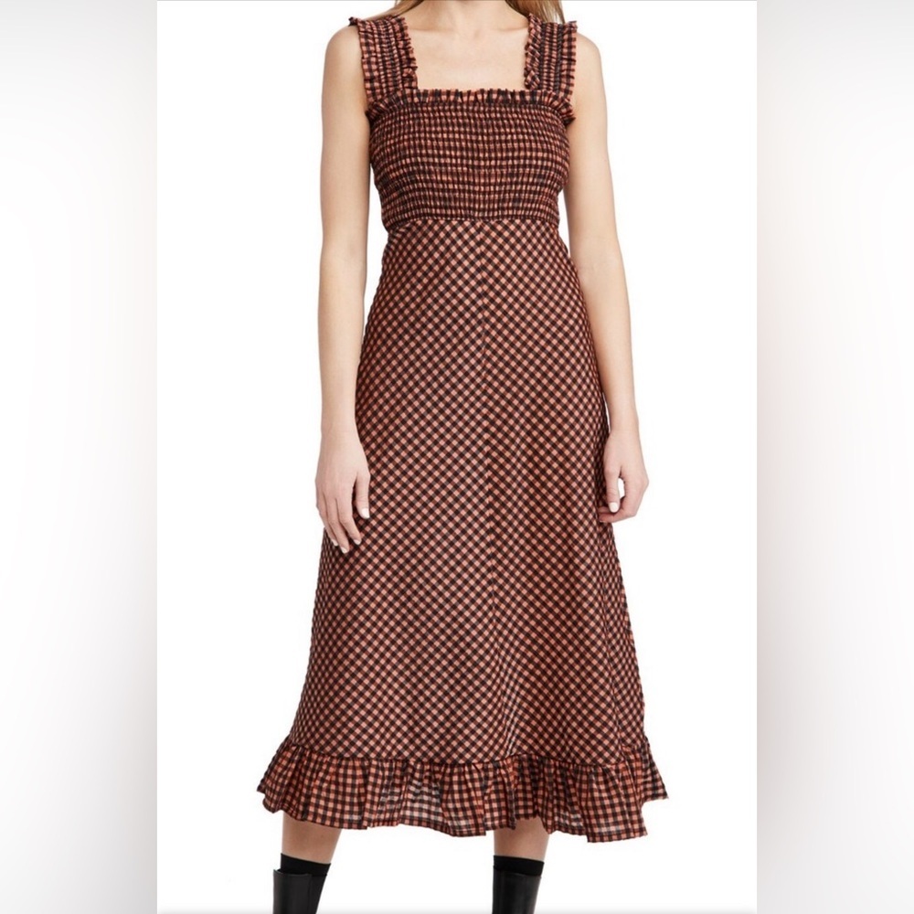 Ganni Seersucker Check Smocked Dress “Flame” | Size XS (EU 32)